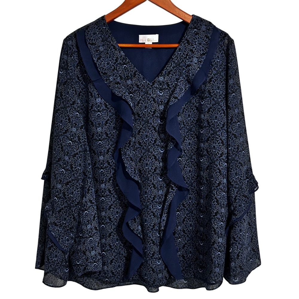 Belle by‎ Kim Gravel Blue Print Ruffled Chiffon Blouse Women's Size XL